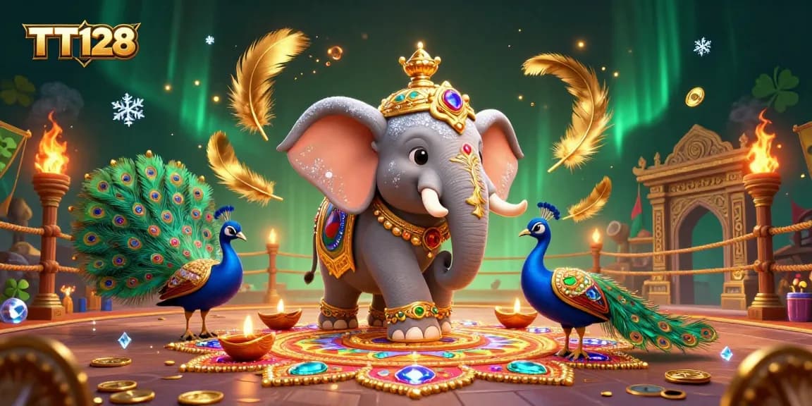 Experience thrilling gameplay at TT128 with dynamic illustrations of casino elements and festive characters.