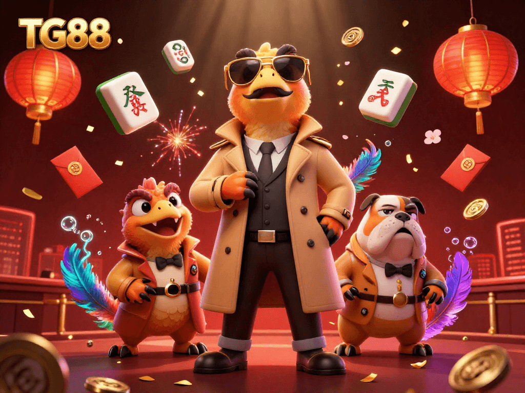 Engage with TG88 in a vibrant cartoon scene featuring raptors entering a casino, encapsulating excitement.