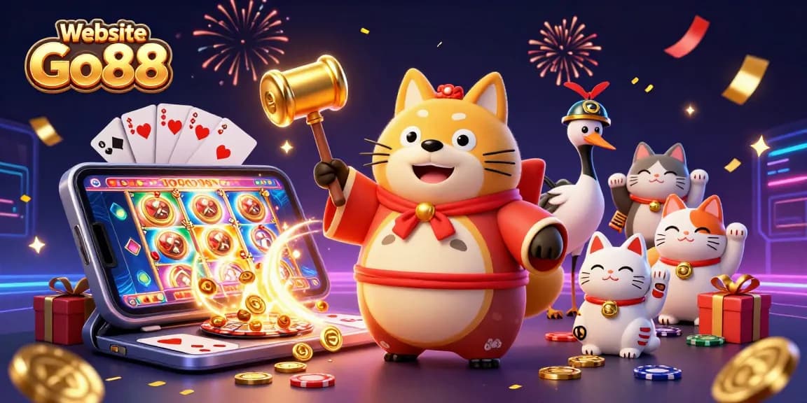 Experience vibrant gaming at Website Go88 with a colorful casino illustration filled with excitement.