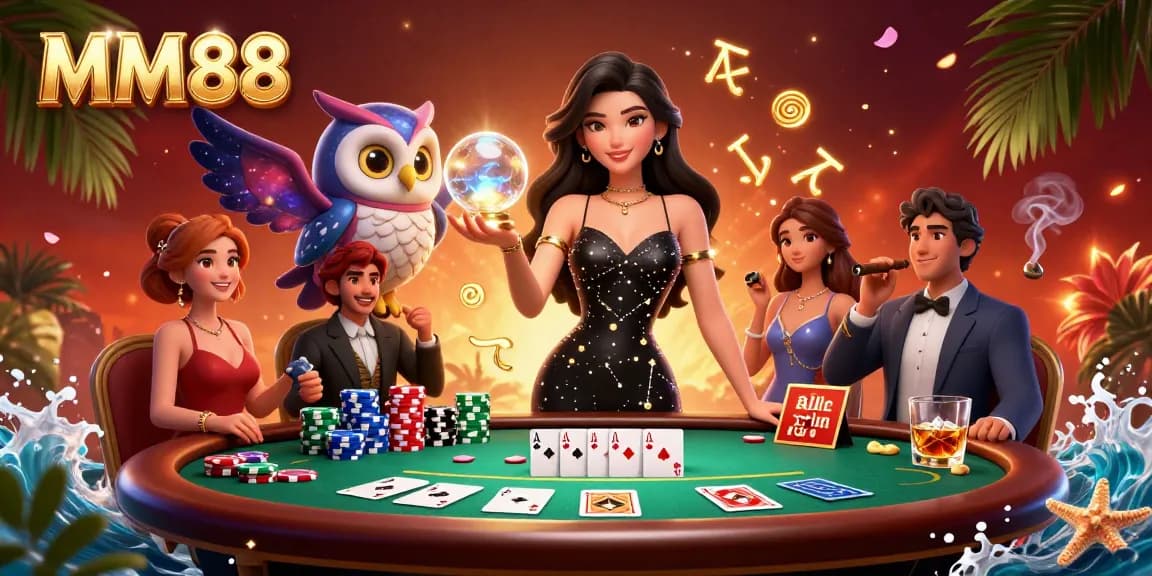 Experience exciting gambling action at MM88 with a glamorous 3D illustration featuring poker elements and mystical motifs.