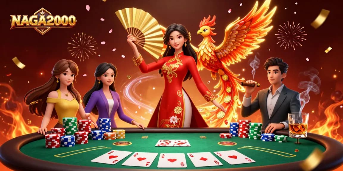 NAGA2000 menampilkan adegan kasino yang mendebarkan dengan seorang wanita 3D dan phoenix di tengah elemen permainan yang hidup.