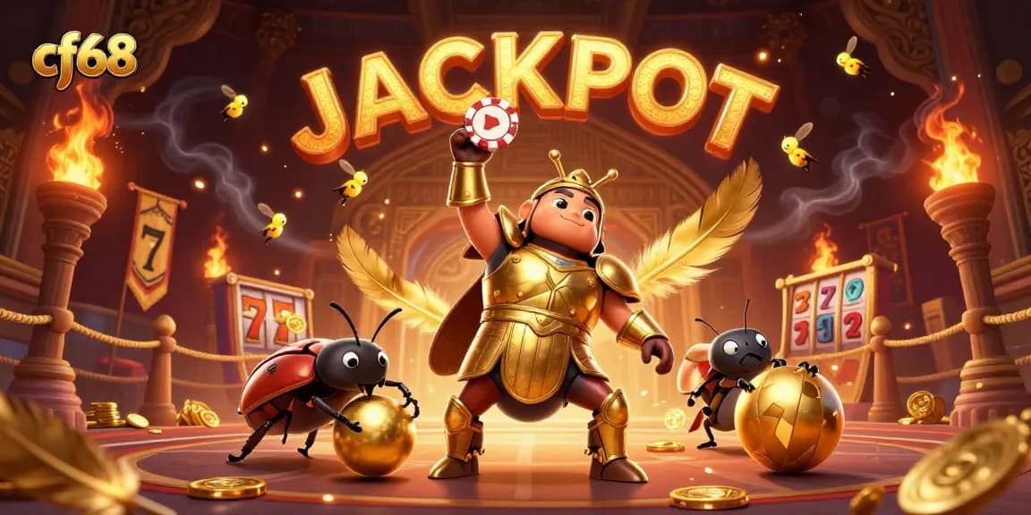 Engage with cf68's thrilling casino experience featuring a victorious beetle and dynamic jackpot elements.