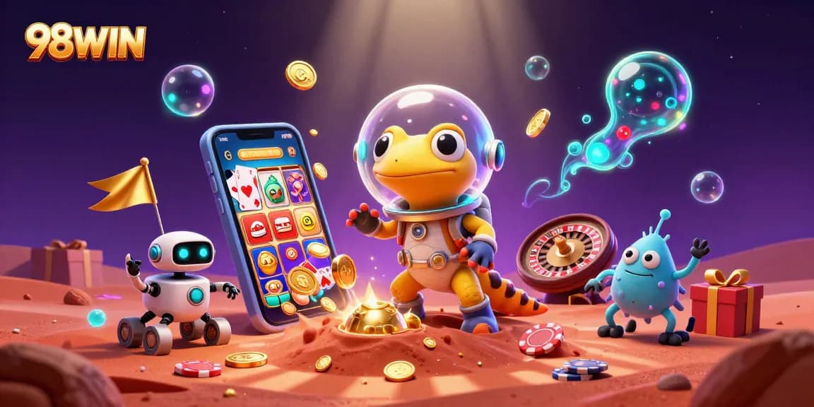 Experience 98WIN's thrilling casino adventure with a Martian gecko amid golden riches.