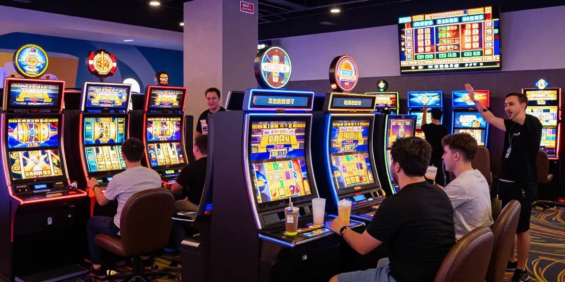 Exciting slot gaming scene with players enjoying vibrant machines and atmosphere