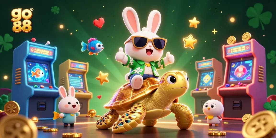Chơi go 88 cùng chú thỏ may mắn và rùa vàng trong không gian casino sôi động.