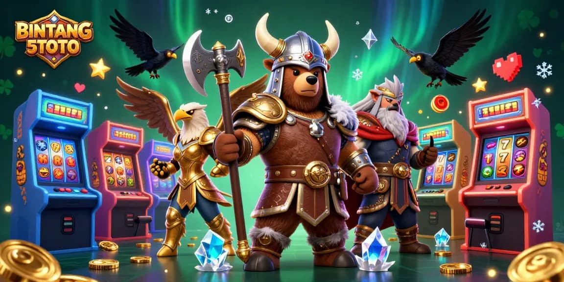 Action-packed illustration of BINTANG5TOTO with slot machines, Viking characters, and gaming elements.