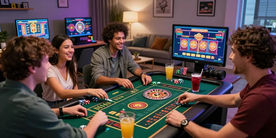 Friends enjoying an exciting LUCK8 online gaming session at home, engaging in colorful casino games.