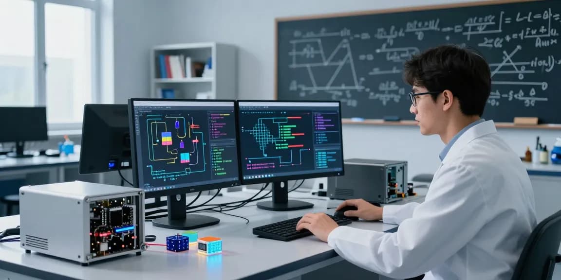 Researcher programming quantum computing algorithms in a modern lab with advanced technology.
