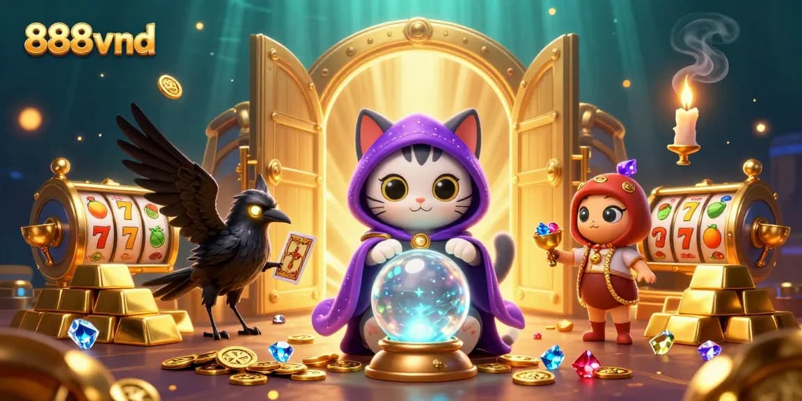 Experience the magic of 888vnd with a mystic cat, a tarot raven, and slot reels overflowing with gems.