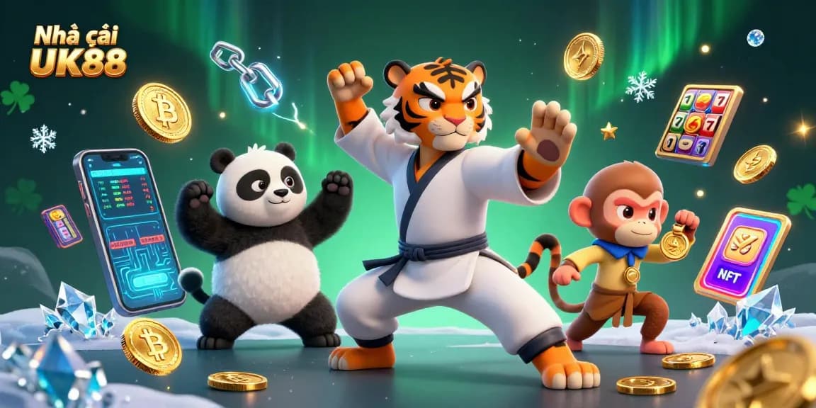 Engage with Nhà cái UK88 as a kung fu tiger master embodies advanced gaming strategies in a vibrant casino scene.