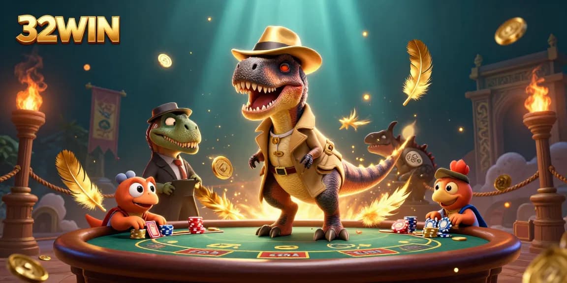 32WIN features a cartoon velociraptor at a blackjack table, enhancing the casino atmosphere with vibrant details.