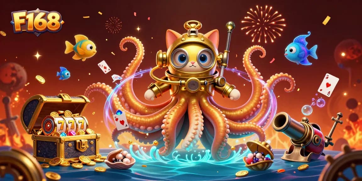 Experience thrilling gaming at F168 with vibrant slot reels and a colossal kraken in a treasure-filled scene.