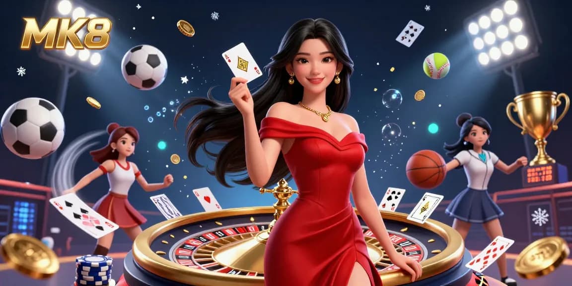 Experience thrill at MK8 casino with a stunning woman holding a golden card beside a roulette wheel.