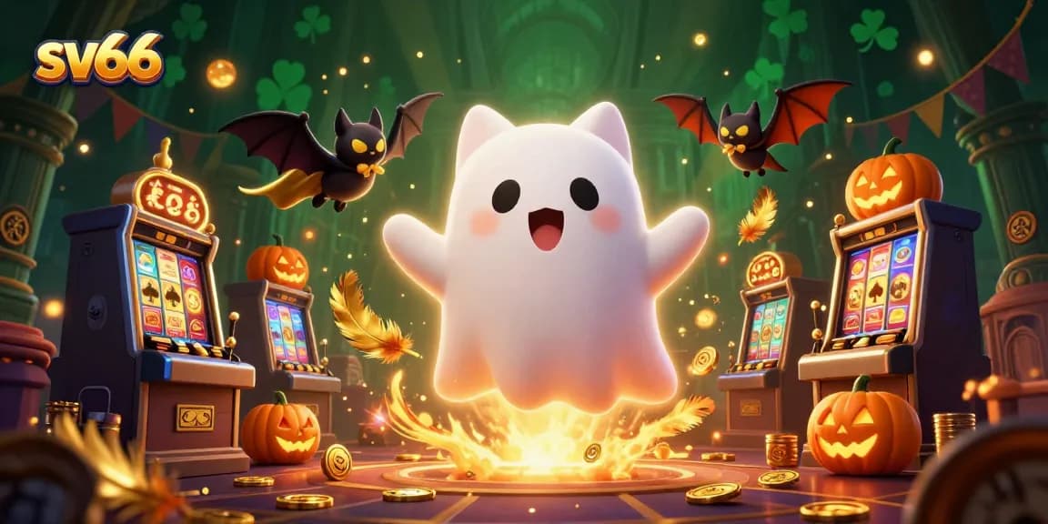 Experience exhilarating wins with sv66 at a captivating haunted casino filled with slot machines and glowing tokens.
