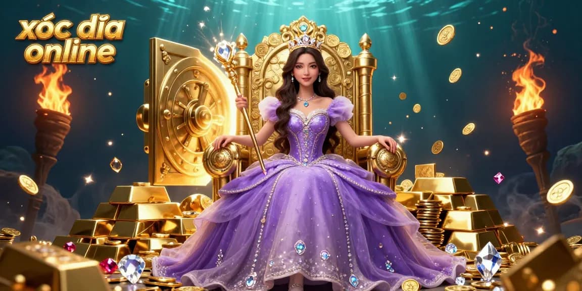 Experience the excitement of xóc đĩa online with a stunning illustration featuring a beautiful princess amid treasures illuminating the casino atmosphere.