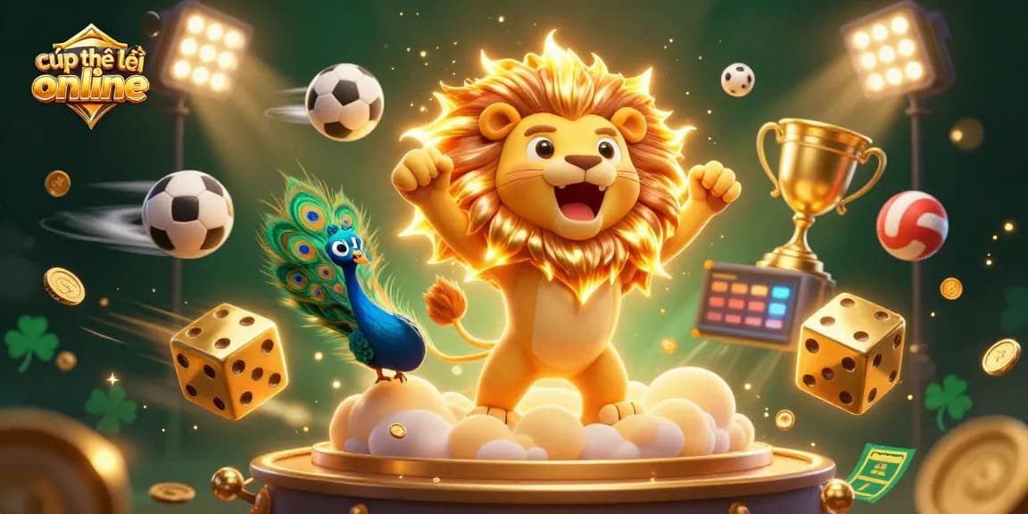 Win big with cúp thế giới online, featuring a roaring sun lion, golden dice, and sports balls!