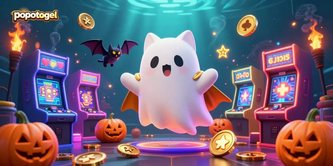 Engage in thrilling popotogel gameplay as a friendly ghost cat and bat explore a vibrant casino scene.