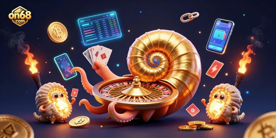Experience thrilling bets on on68 com with the golden nautilus roulette wheel and glowing crypto coins in a vibrant casino scene.