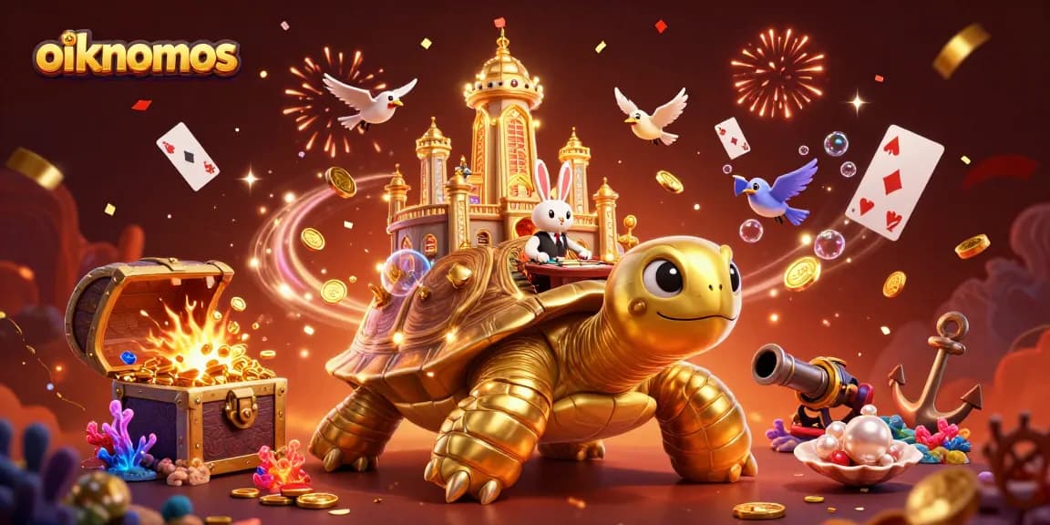 Experience oikonomos in a vibrant casino scene with a tortoise palace, rabbit dealer, and golden coins.