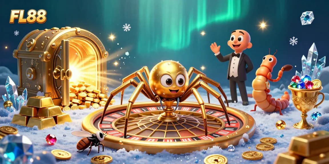 Experience FL88's thrilling gaming environment with the golden spider and interactive web theme.