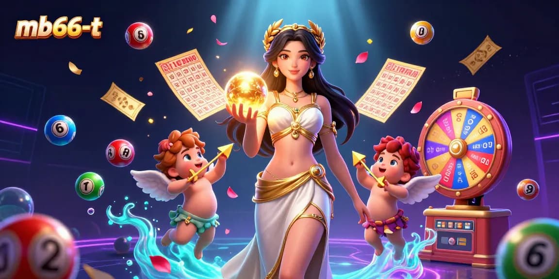 Experience gaming excitement with mb66-t, dazzling 3D illustration showcasing vibrant lottery elements and elegant characters.