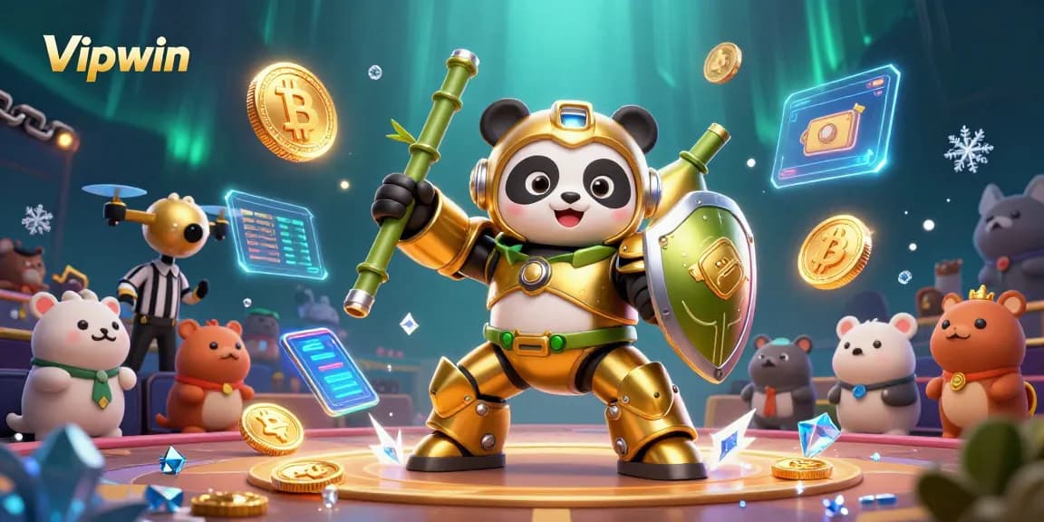 Win at Vipwin with an engaging fantasy casino scene featuring golden panda and gaming elements.