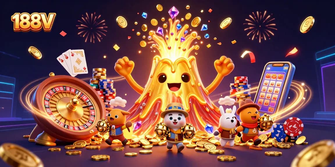 Experience the thrill of winning with 188V, featuring a golden volcano erupting coins and treasures in a vibrant casino scene.