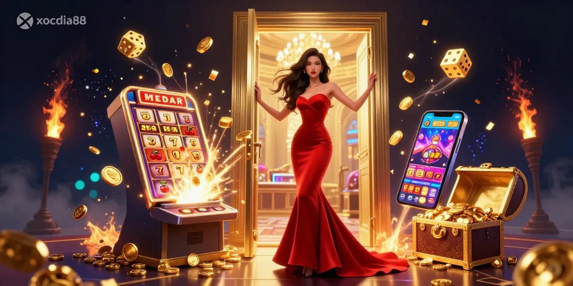 Xocdia88 showcases a vibrant casino scene with a beautiful woman in a luxurious setting, bursting with slot machine symbols and gaming excitement.