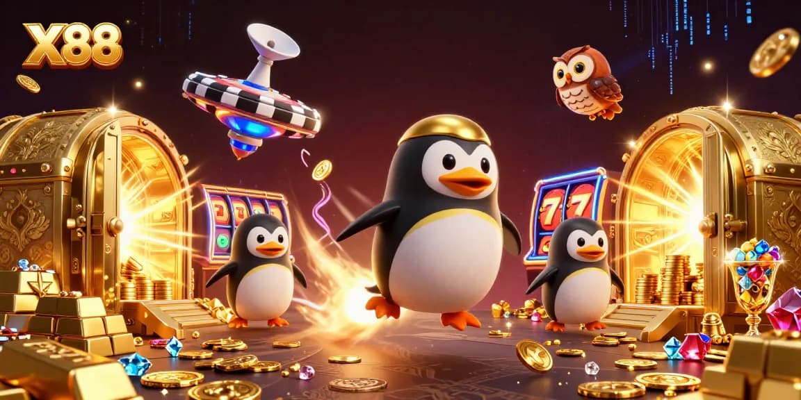 X88 penguin blasts through space amidst a treasure-filled casino scene filled with coins and jewels.