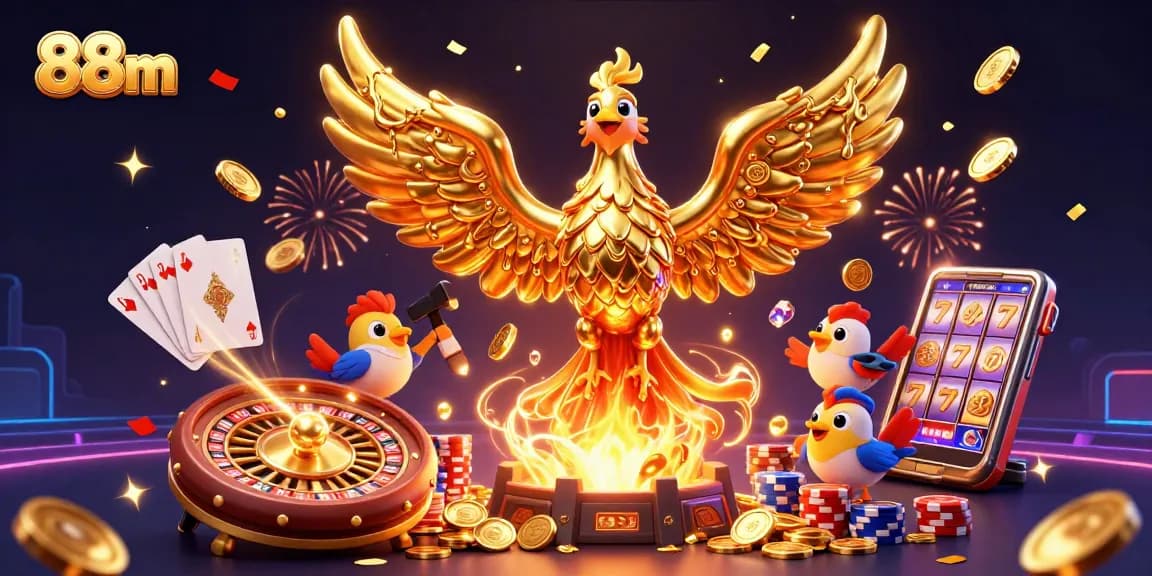 Engage with 88m's golden phoenix illustration, showcasing vibrant casino elements and excitement.