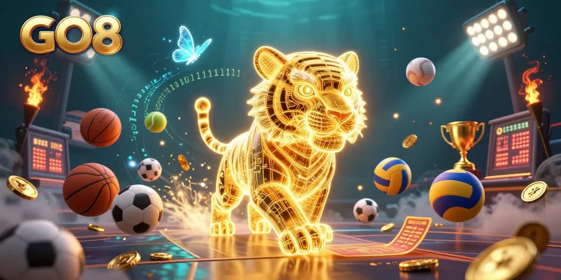 Experience the thrilling GO8 casino with golden tiger and flying sports elements.