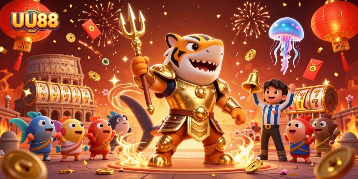 Engage with UU88's thrilling underwater casino scene featuring a golden armored shark and festive elements.