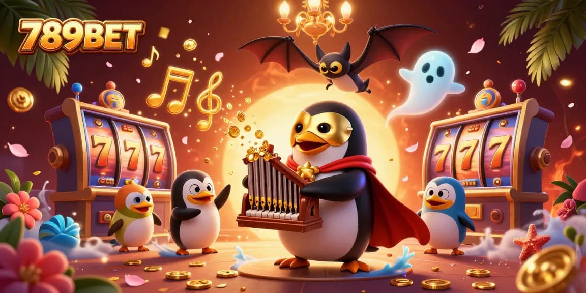 Experience the excitement of 789BET with a dynamic casino scene featuring a phantom penguin playing slots.
