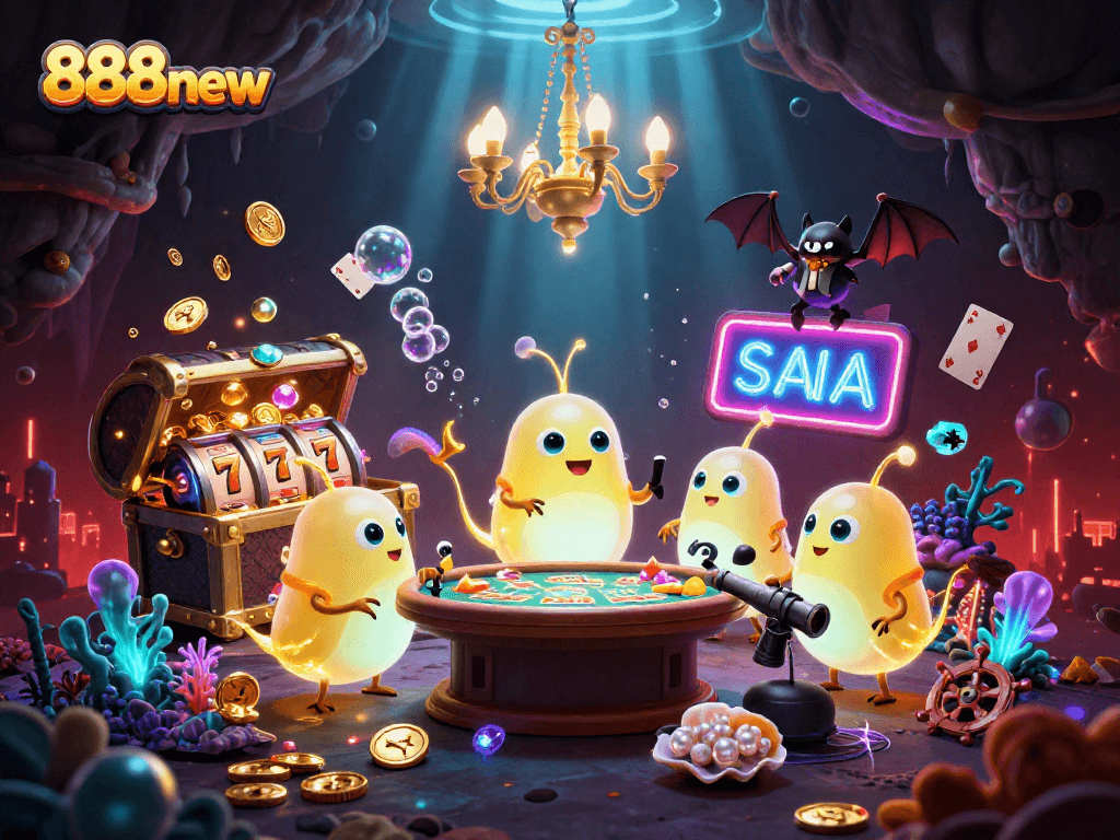Engage players with 888new's vibrant casino scene featuring glowworms and classic slots.