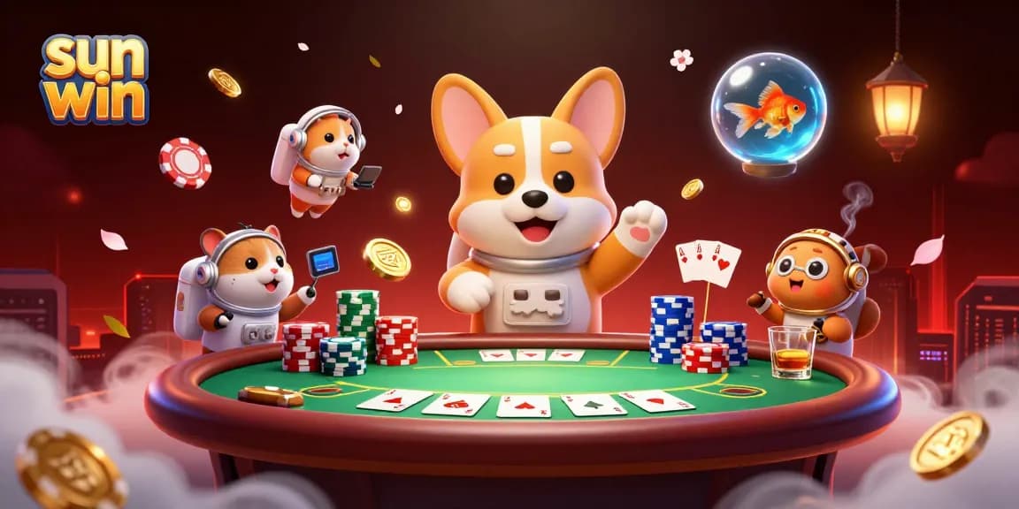 Engage with fun sun win gaming adventures, where a corgi and friends enjoy floating casino excitement in space.