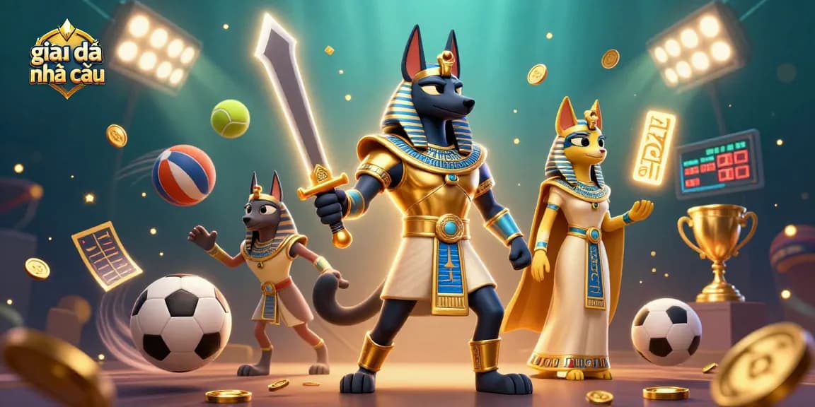 Experience the thrill of giải mã nhà cái with a dynamic Egyptian warrior and glowing hieroglyphs, embodying casino excitement.