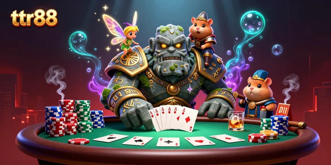 Engage in thrilling poker action with ttr88's vibrant casino illustration featuring a mystical golem.