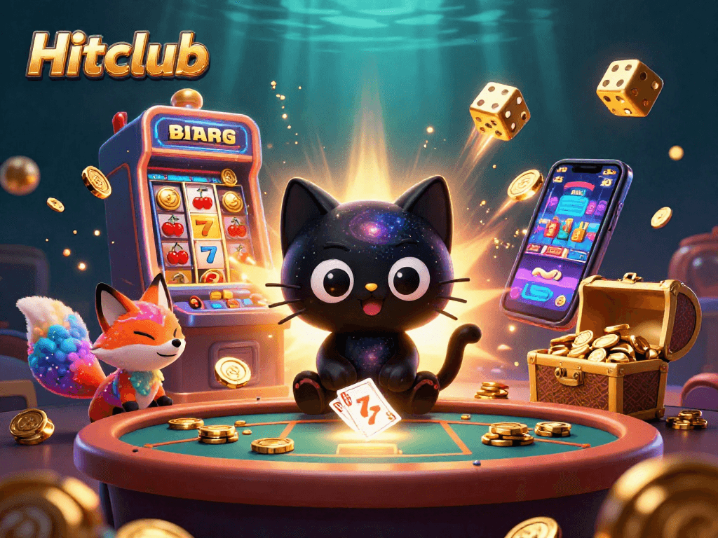 Hitclub cat pulls casino chips at a cosmic table with vibrant jackpot effects and a colorful fox companion.