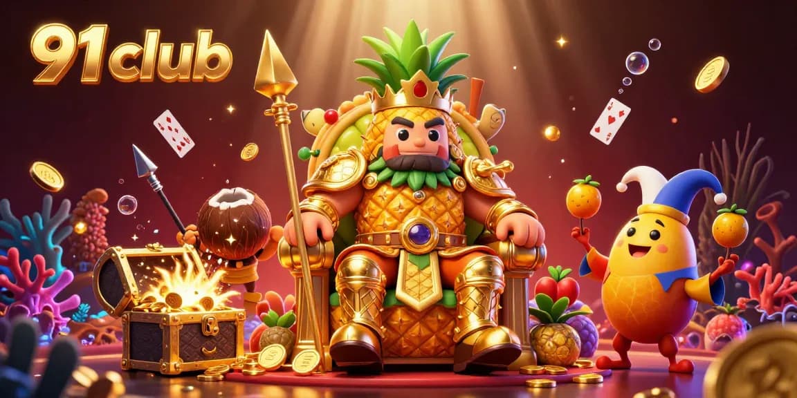 Engage with 91 club's exciting casino scene, featuring a golden pineapple king and dynamic gaming elements.