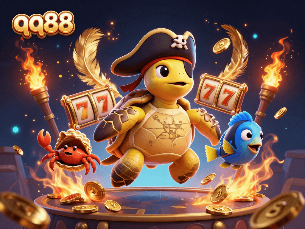 Engage with exciting games on qq88, featuring a vibrant scene with a pirate turtle and treasures.