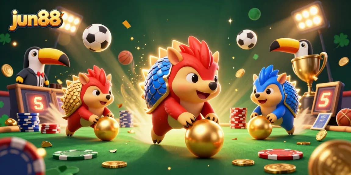 Experience thrilling gameplay at jun88 with rival pangolins bowling through poker chips under festive confetti.