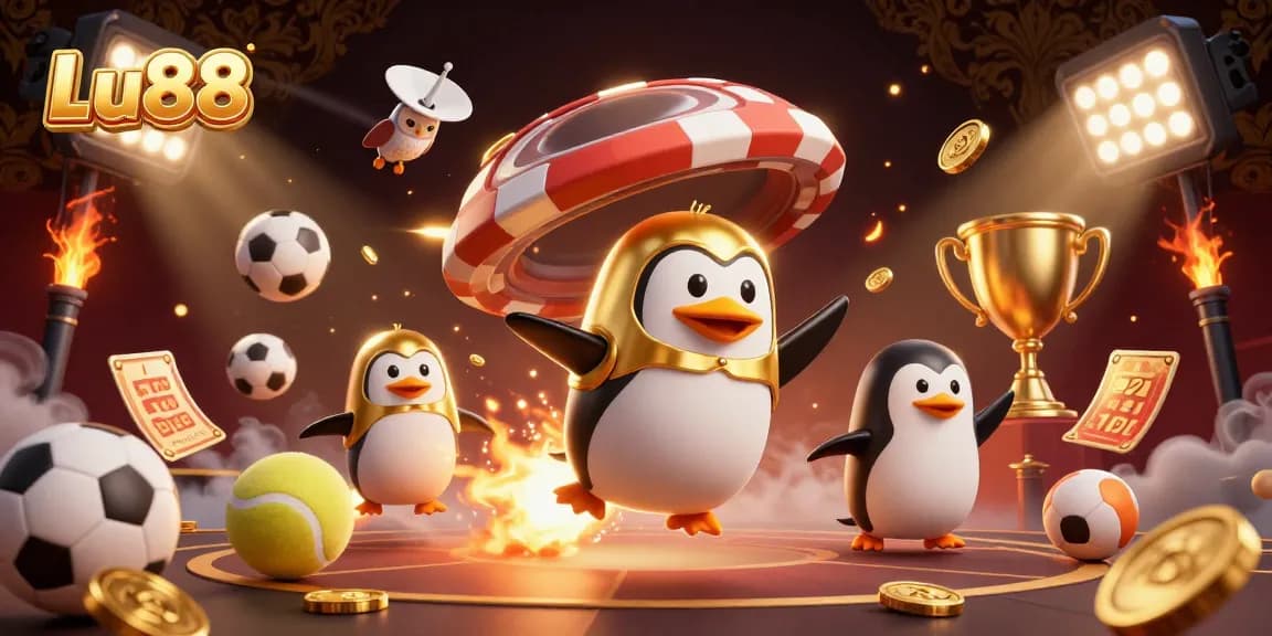 Lu88 penguin conquering the casino space with golden coins and dynamic sports betting fun