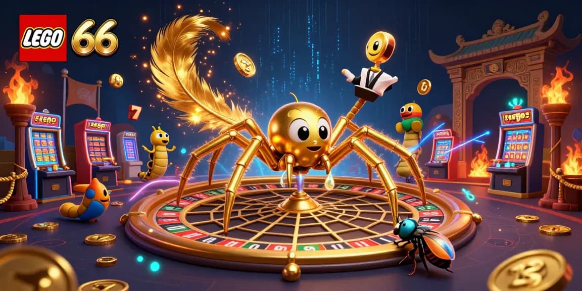 Lego66 immerses players in a 3D vibrant casino scene with a golden spider, roulette elements, and lucky symbols.