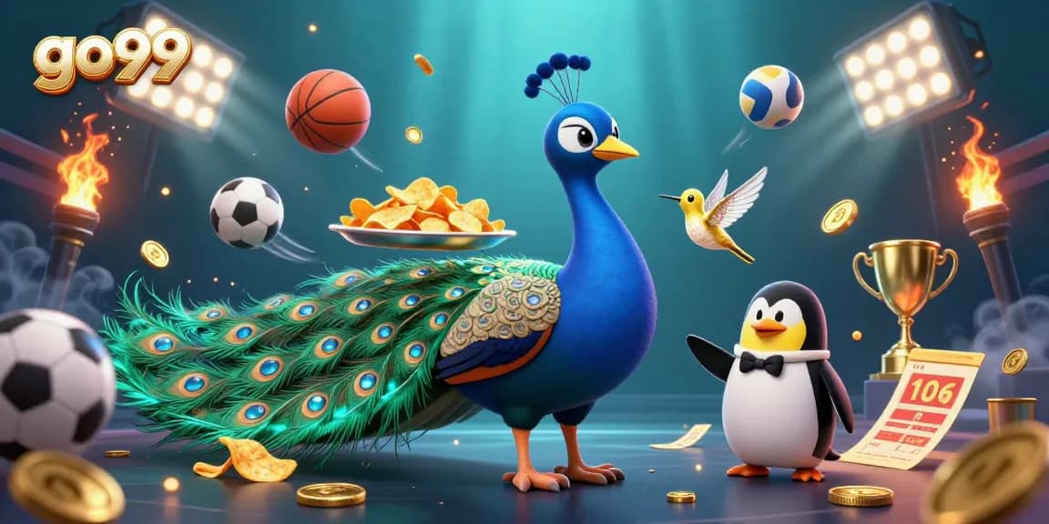 Experience go99 with a vibrant 3D illustration showcasing a peacock, butler penguin, and birds amid sports elements.