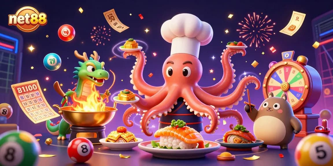 Celebrate with net88 as an octopus chef prepares golden dishes, surrounded by dynamic lottery elements.