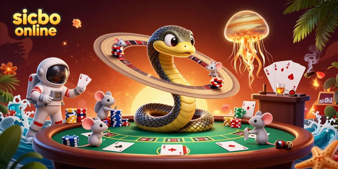 Place bets in the vivid world of sicbo online with 3D cartoon characters engaging on a roulette-like Saturn ring.