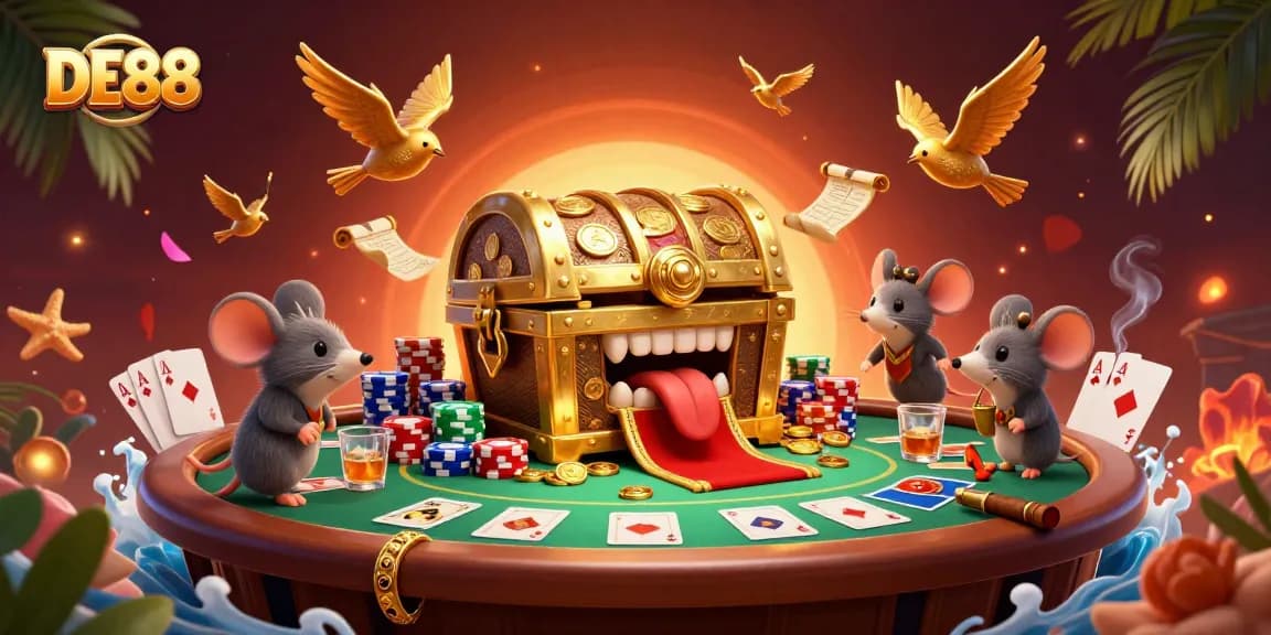 Fortune awaits with DE88 as mice approach a treasure chest, poker elements surround them.