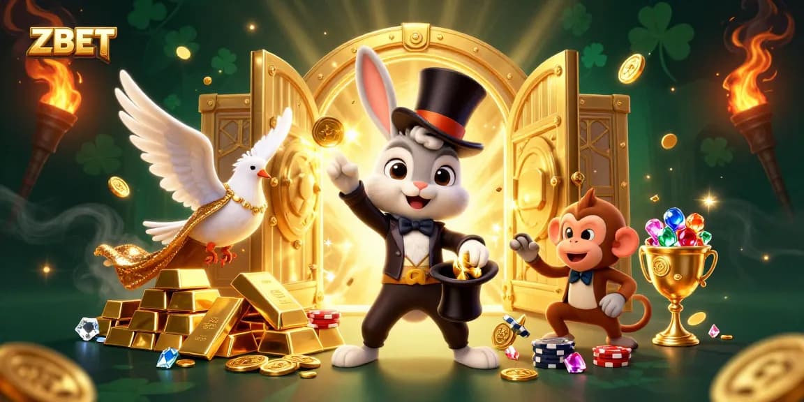 ZBET showcases thrilling moments with a magician rabbit, dove, and monkey amid sparkling casino treasures