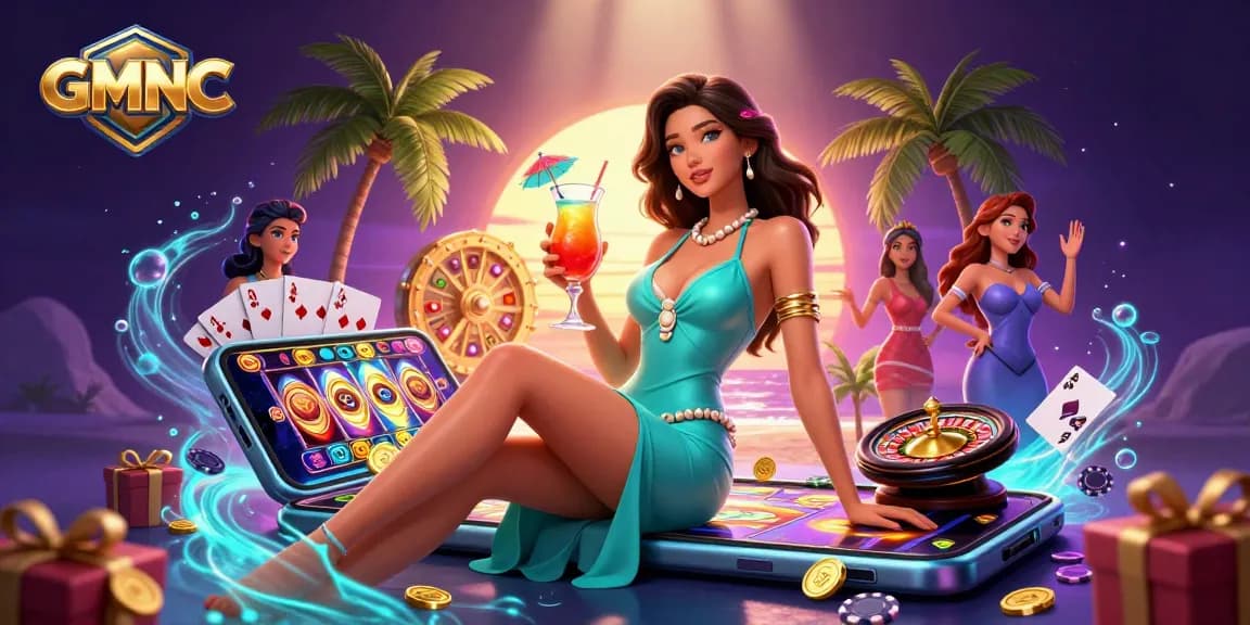 Experience GMNC gaming thrills with vibrant visuals of casino elements and a stunning tropical backdrop.