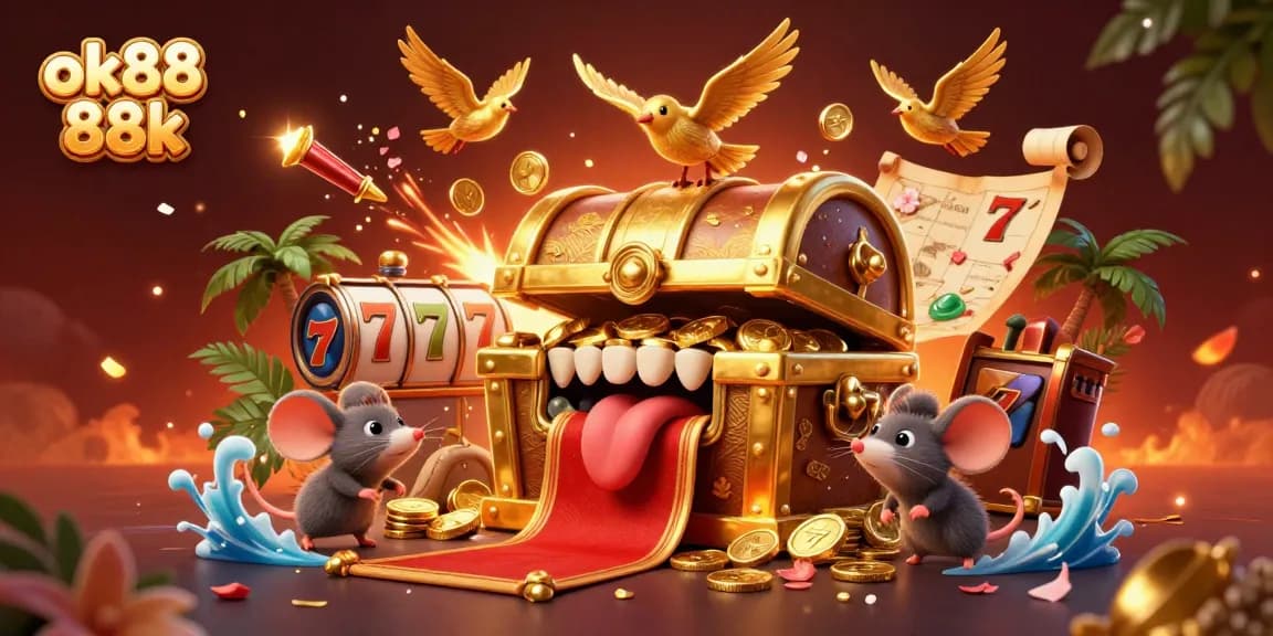 Engage in thrilling gameplay with ok88 88k's vibrant 3D casino adventure featuring treasures and slot reels.